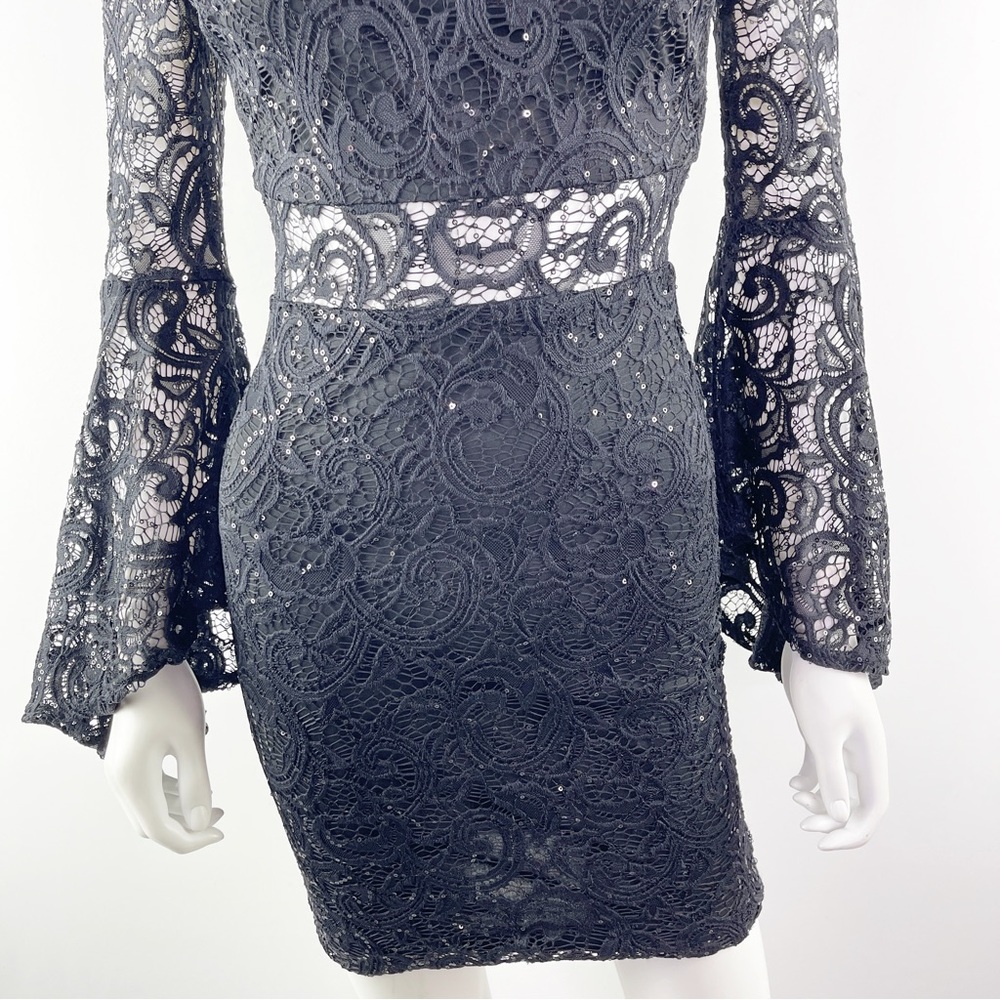 Jodi Kristopher Women's Black Lace Sequin Mini Dress with Flare Sleeves Size XS - Picture 7 of 11